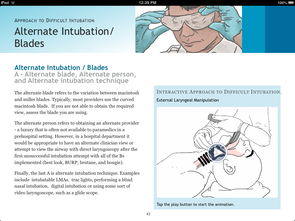 Interior content page showing the Alternate Intubation / Blades section with instructional text alongside an embedded interactive animation of external laryngeal manipulation