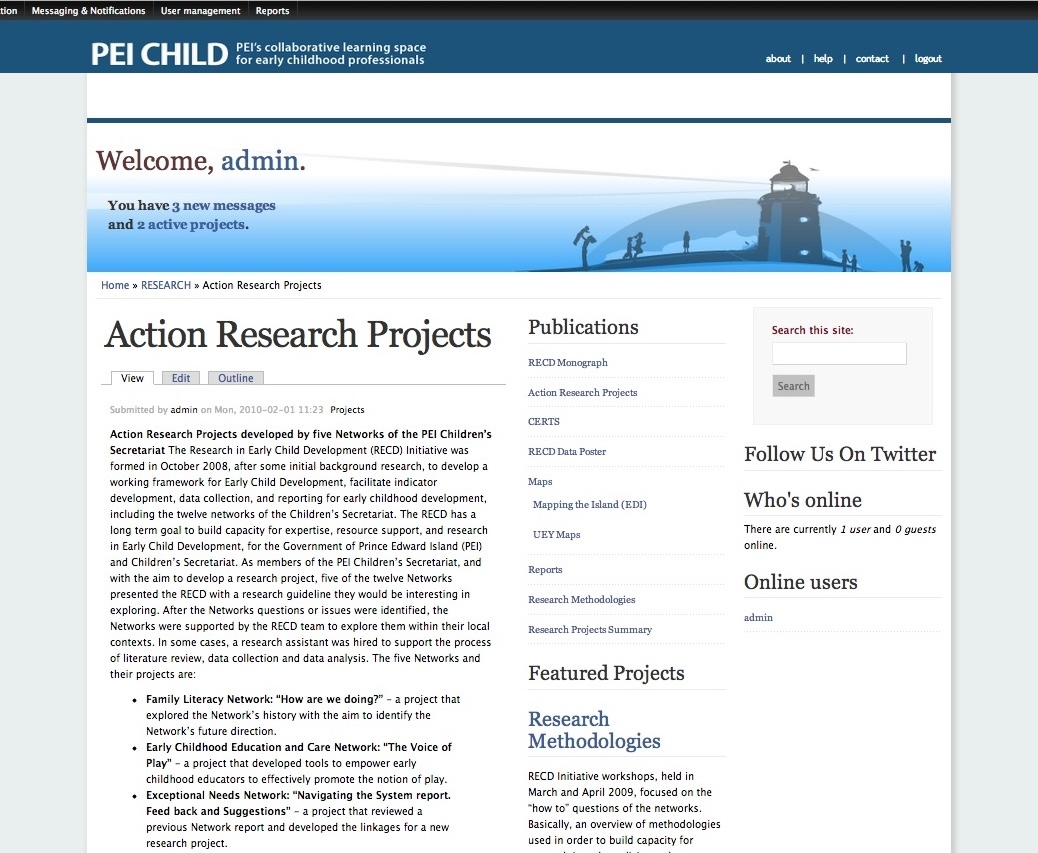 Screenshot of the built PEI Child portal showing the Action Research Projects page with three-column layout, sidebar navigation including Publications and Featured Projects, and social features including online users and recent conversations